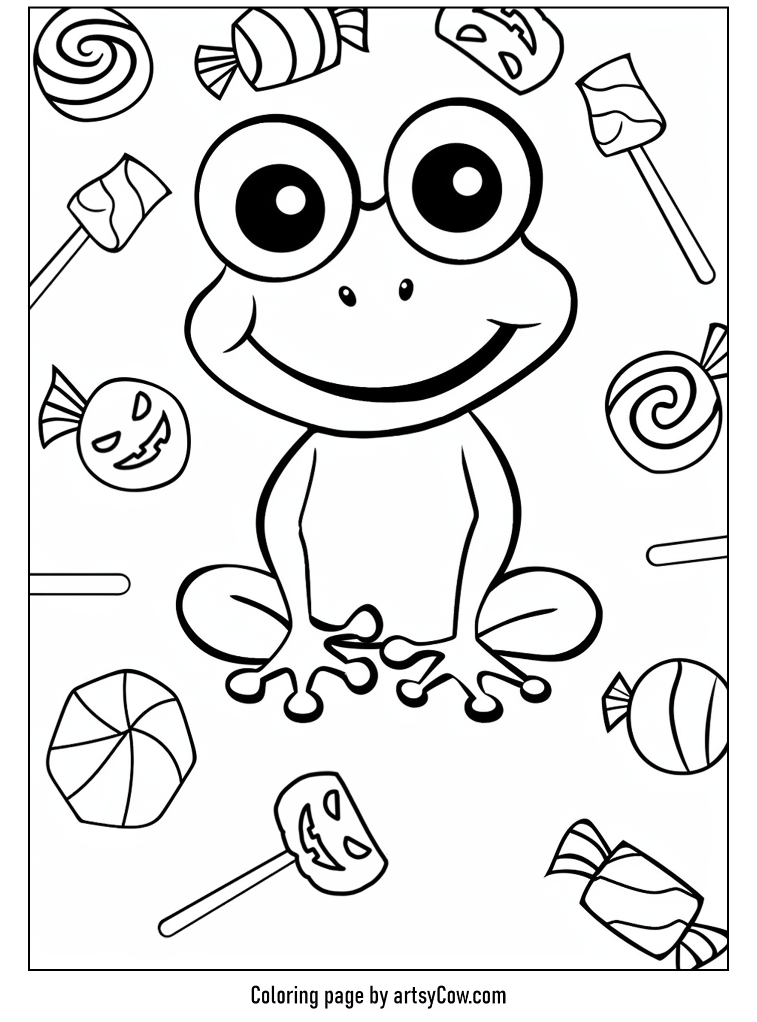 a smiling frog surrounded by various candies including lollipops